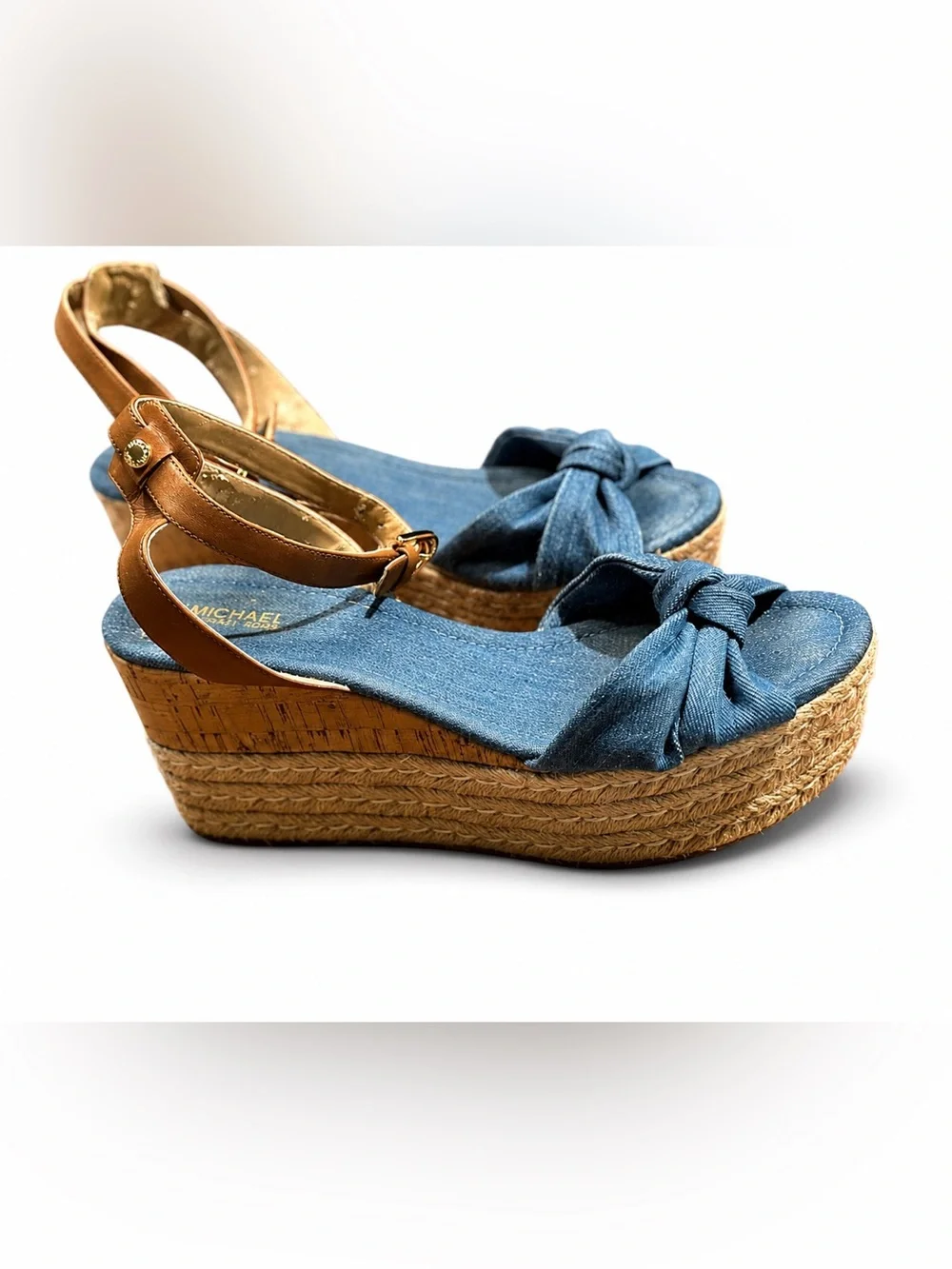Michael Kors Denim Knot Espadrille Wedge Sandals with Tan Ankle Strap